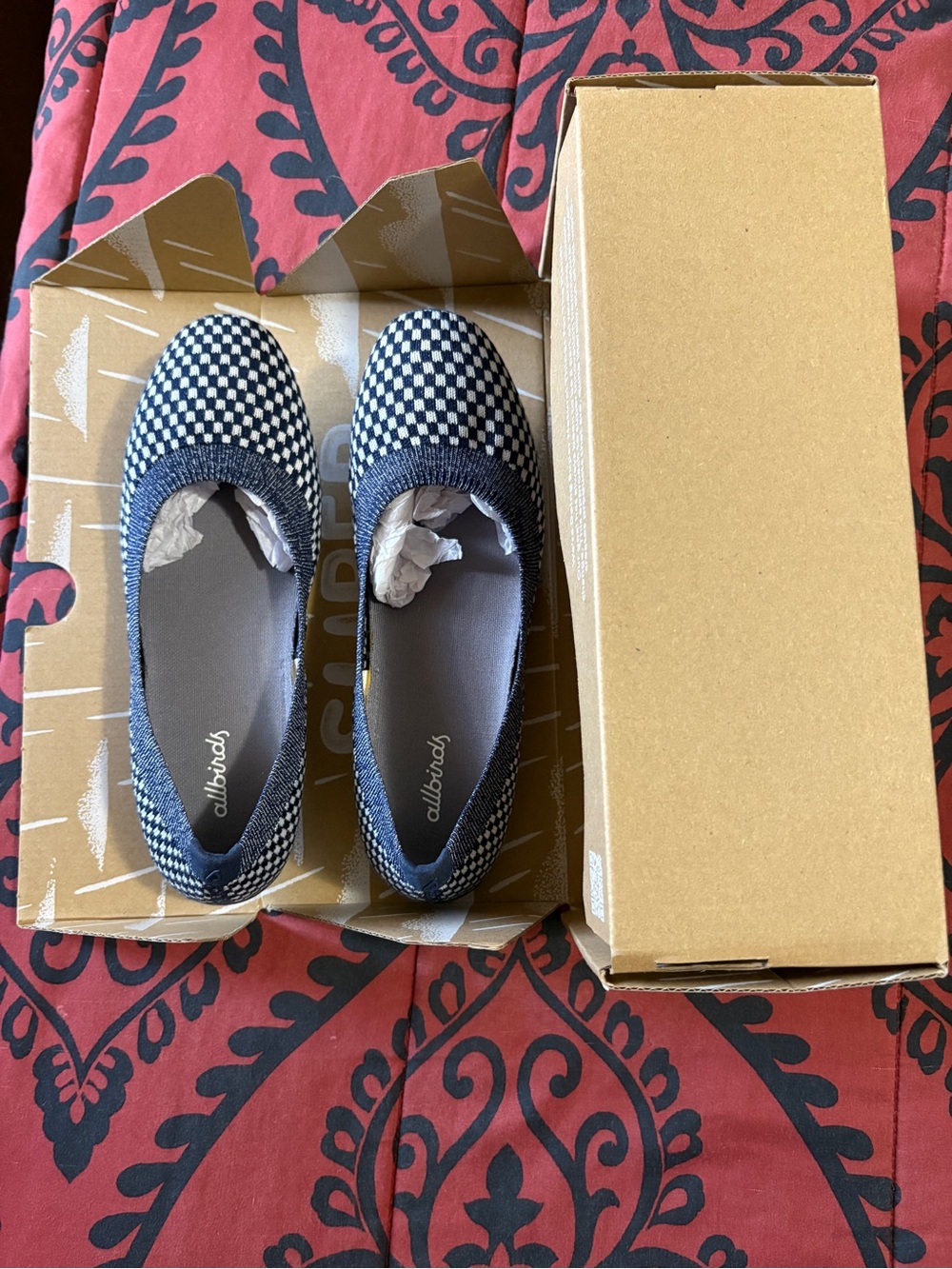 allbirds Women's Navy & White Checkered Knit Slip-Ons
